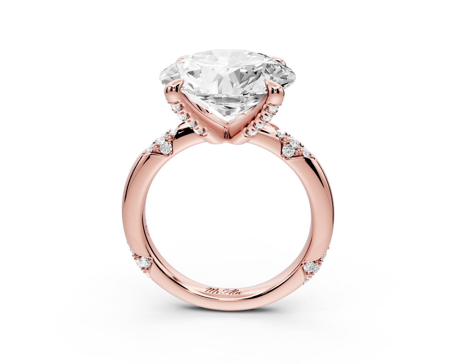 Luna - 5ct 14k rose gold round Diamond Crown with Flush-Set Diamond Clusters Engagement Ring
