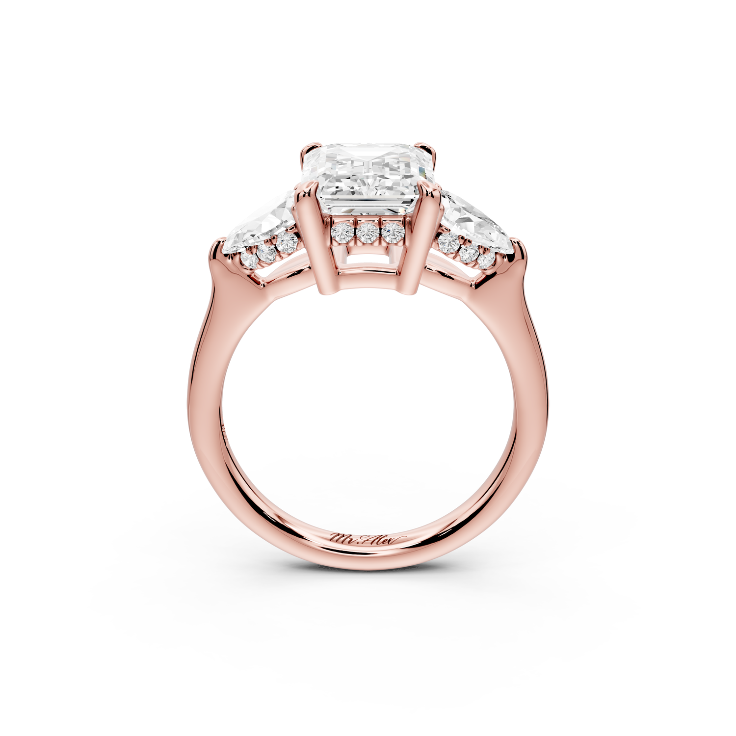 Stella - 2ct 14k rose gold Three Stone emerald with pears Hidden Halo Engagement Ring