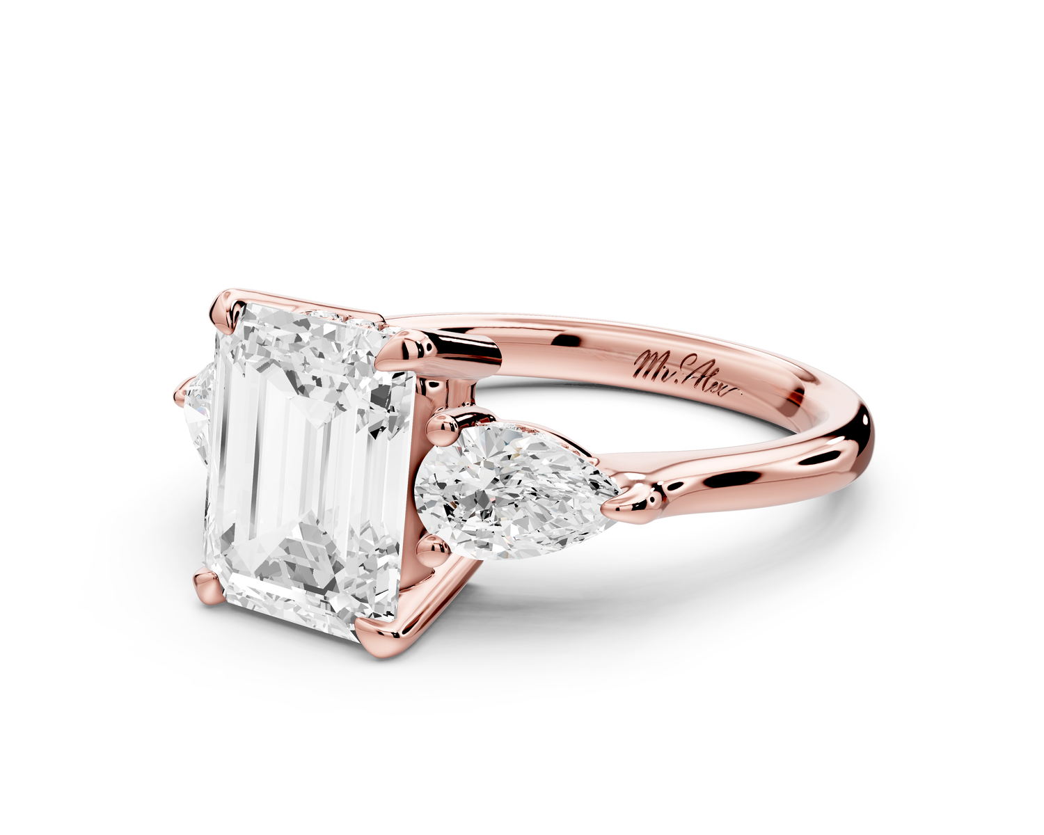 Stella - 2ct 14k rose gold Three Stone emerald with pears Hidden Halo Engagement Ring