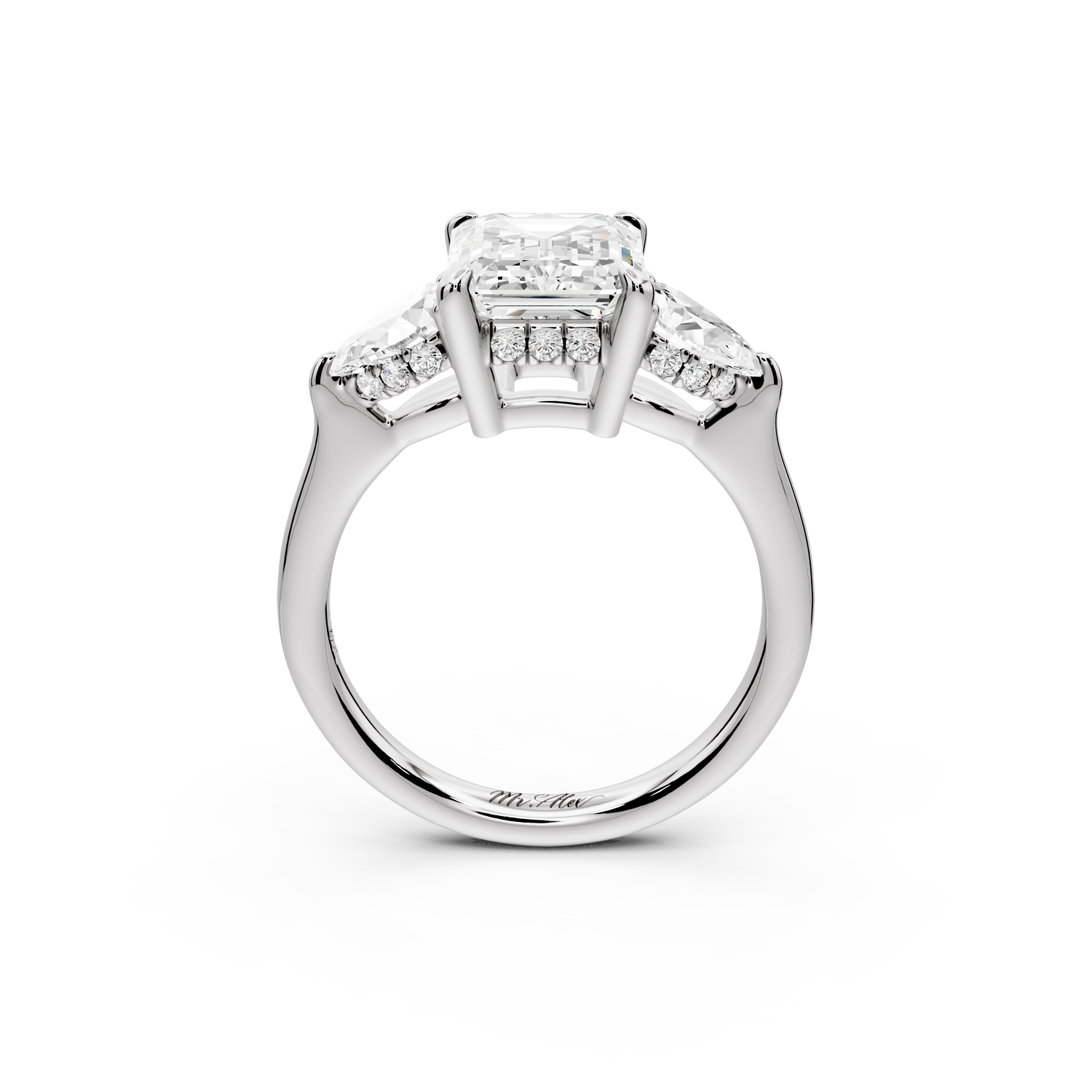 Stella - 2ct 14k white gold Three Stone emerald with pears Hidden Halo Engagement Ring