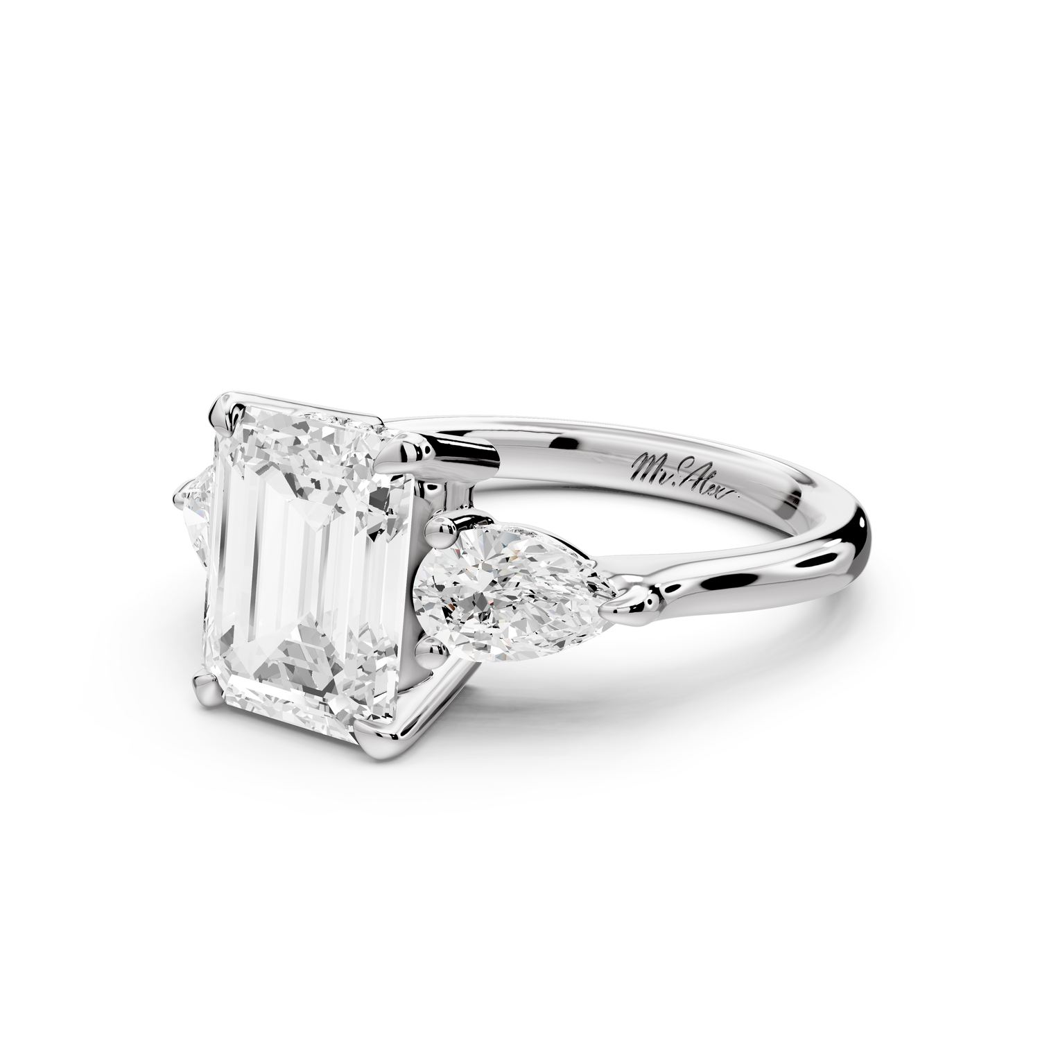 Stella - 2ct 14k white gold Three Stone emerald with pears Hidden Halo Engagement Ring