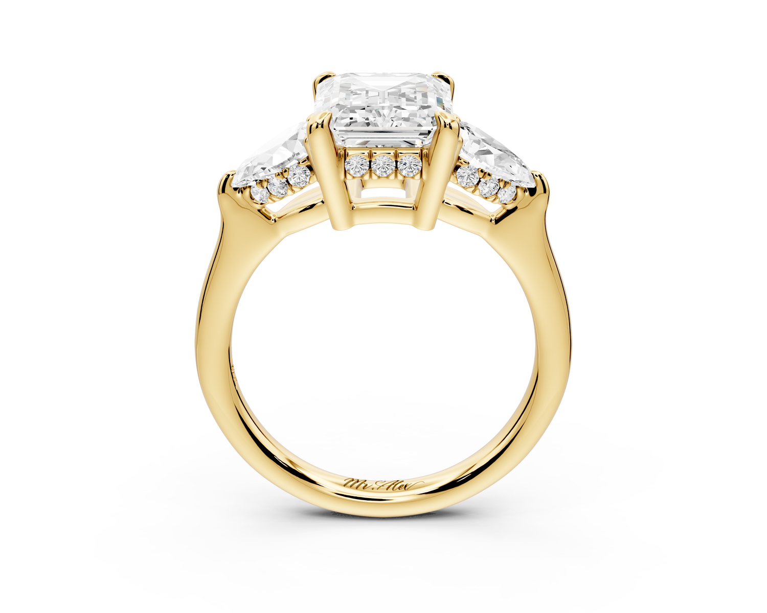 Stella - 2ct 14k yellow gold Three Stone emerald with pears Hidden Halo Engagement Ring