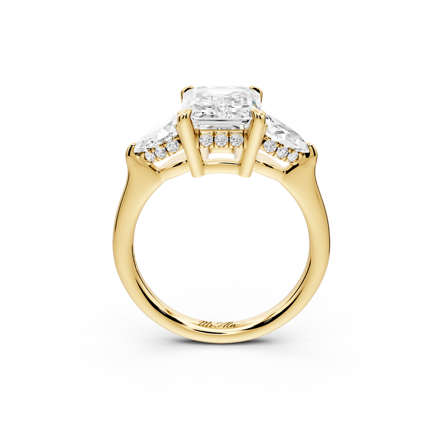 Stella - 2ct 14k yellow gold Three Stone emerald with pears Hidden Halo Engagement Ring