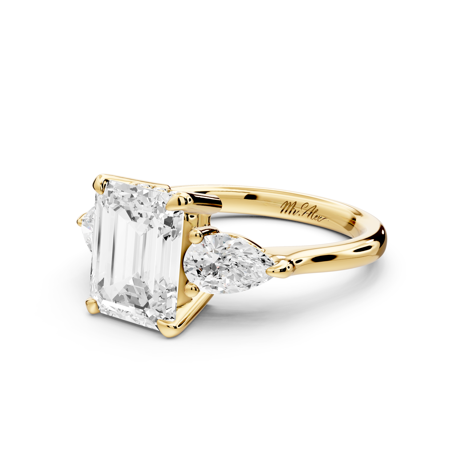 Stella - 2ct 14k yellow gold Three Stone emerald with pears Hidden Halo Engagement Ring