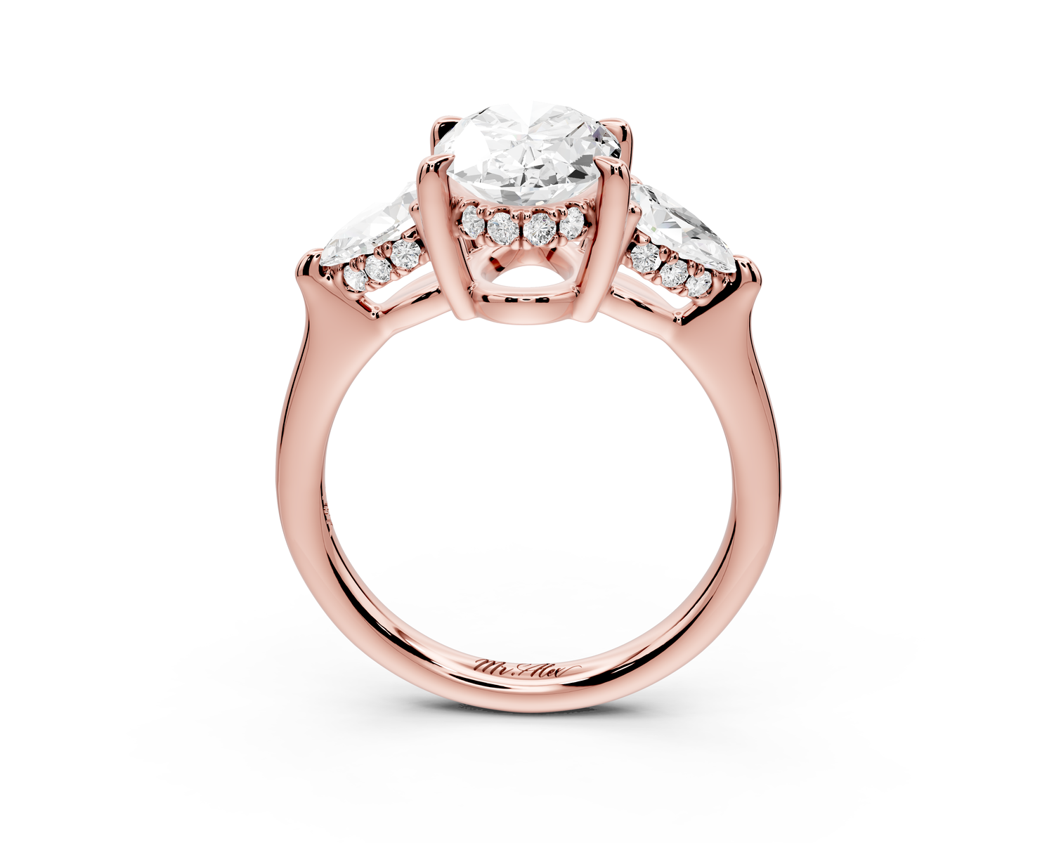 Stella - 2ct 14k rose gold Three Stone oval with pears Hidden Halo Engagement Ring