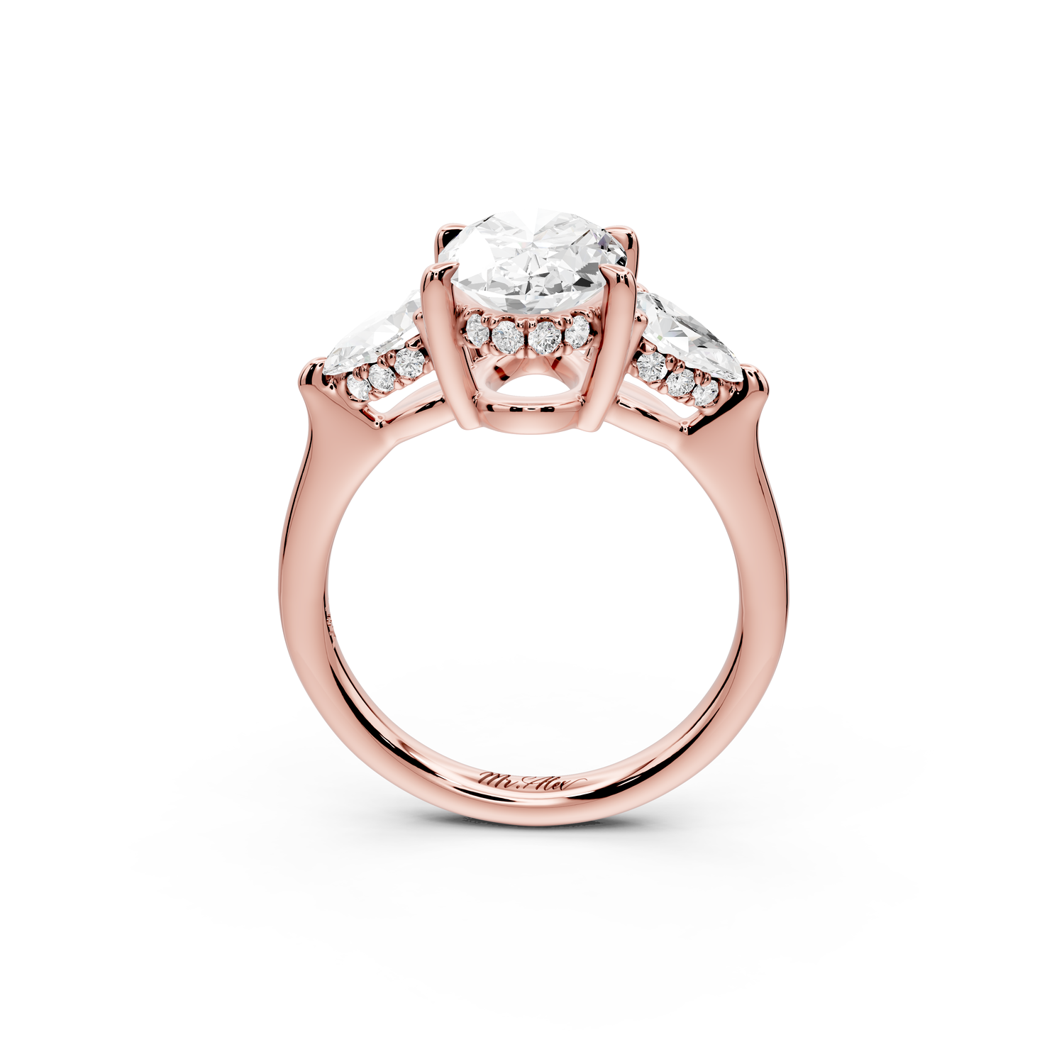 Stella - 2ct 14k rose gold Three Stone oval with pears Hidden Halo Engagement Ring