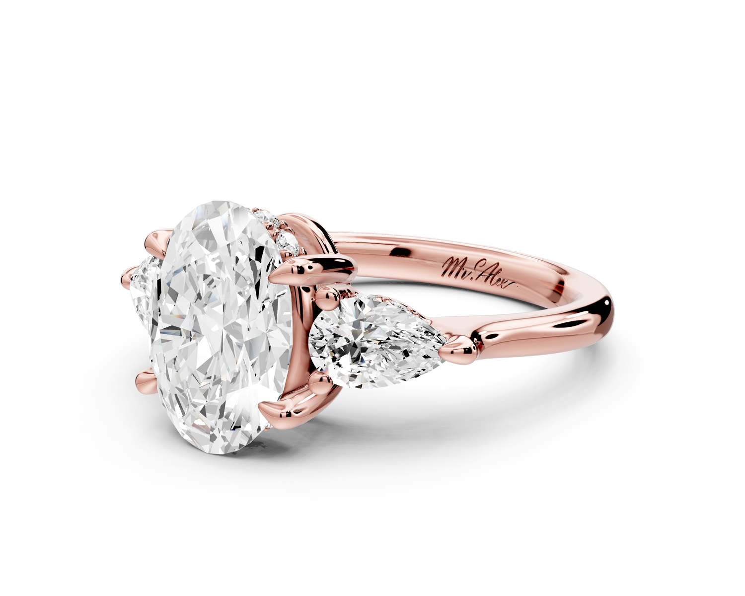 Stella - 2ct 14k rose gold Three Stone oval with pears Hidden Halo Engagement Ring