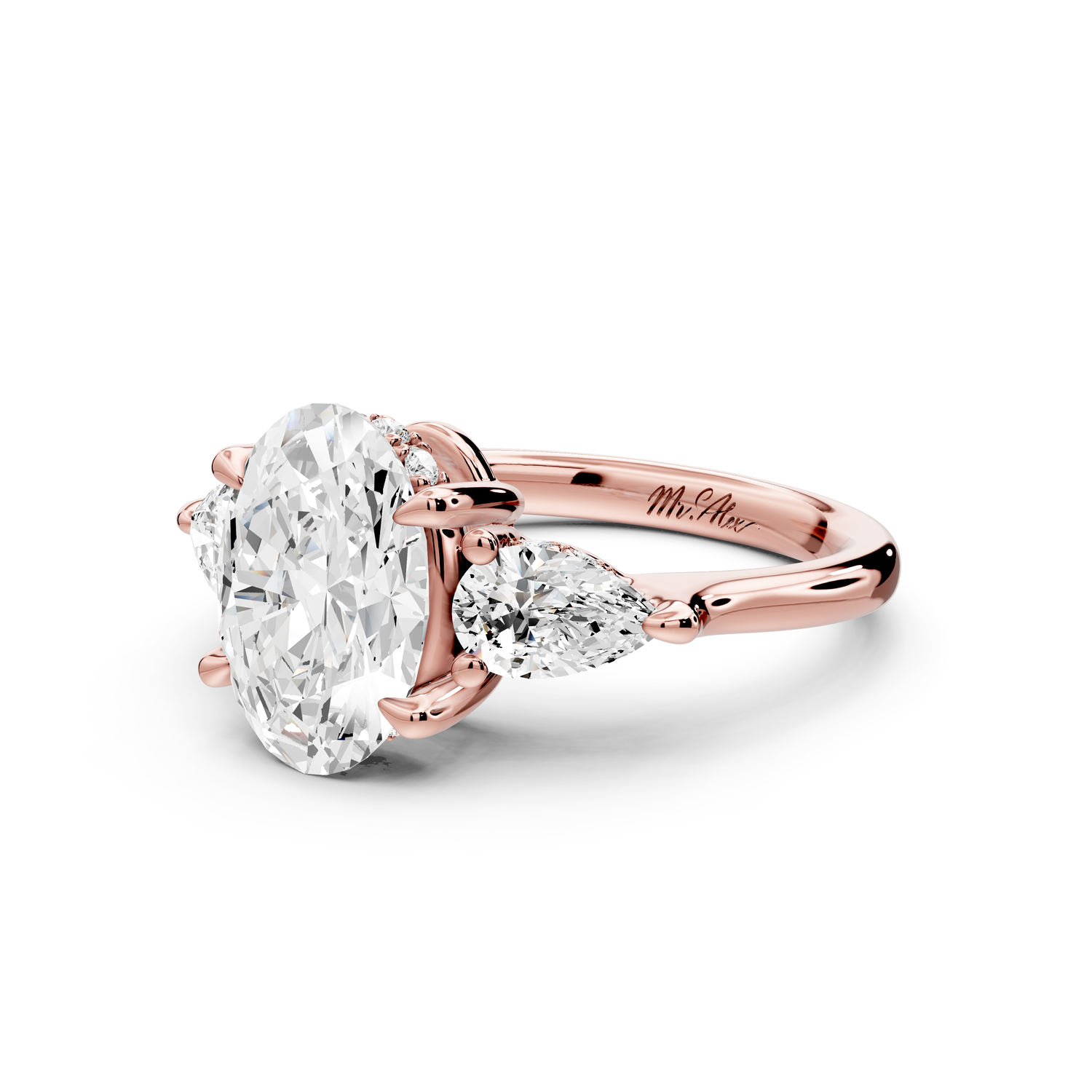 Stella - 2ct 14k rose gold Three Stone oval with pears Hidden Halo Engagement Ring