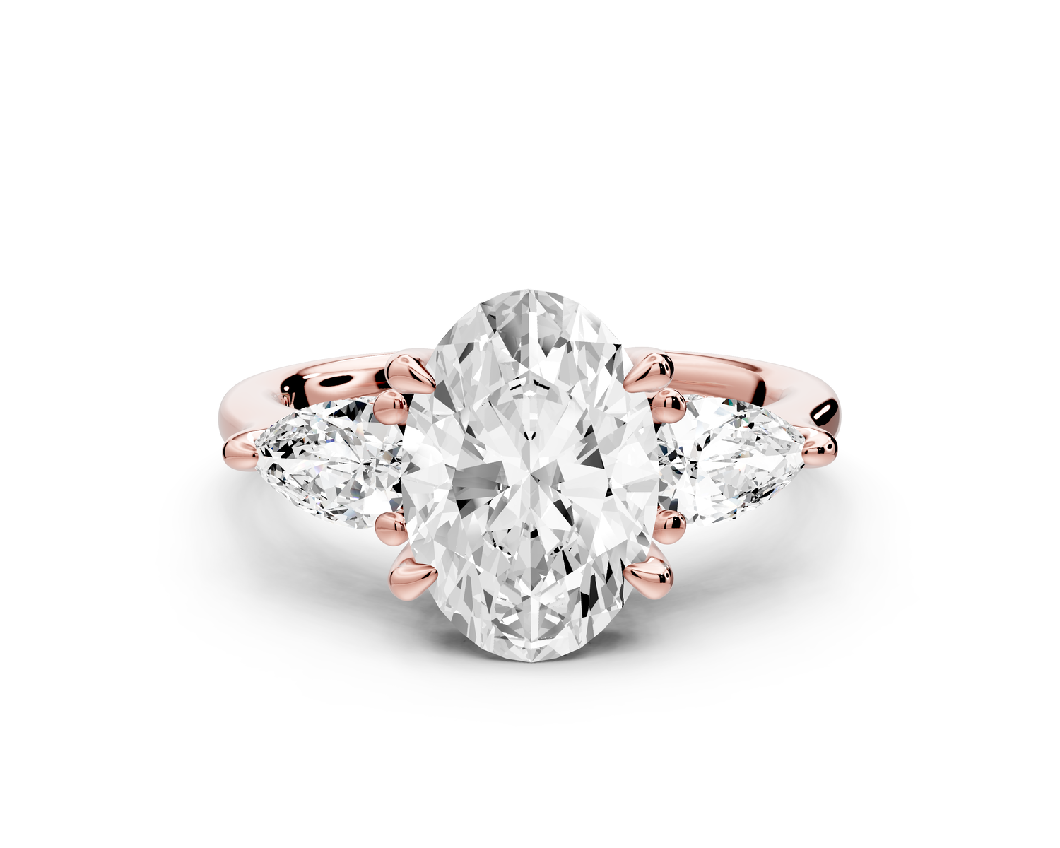 Stella - 2ct 14k rose gold Three Stone oval with pears Hidden Halo Engagement Ring