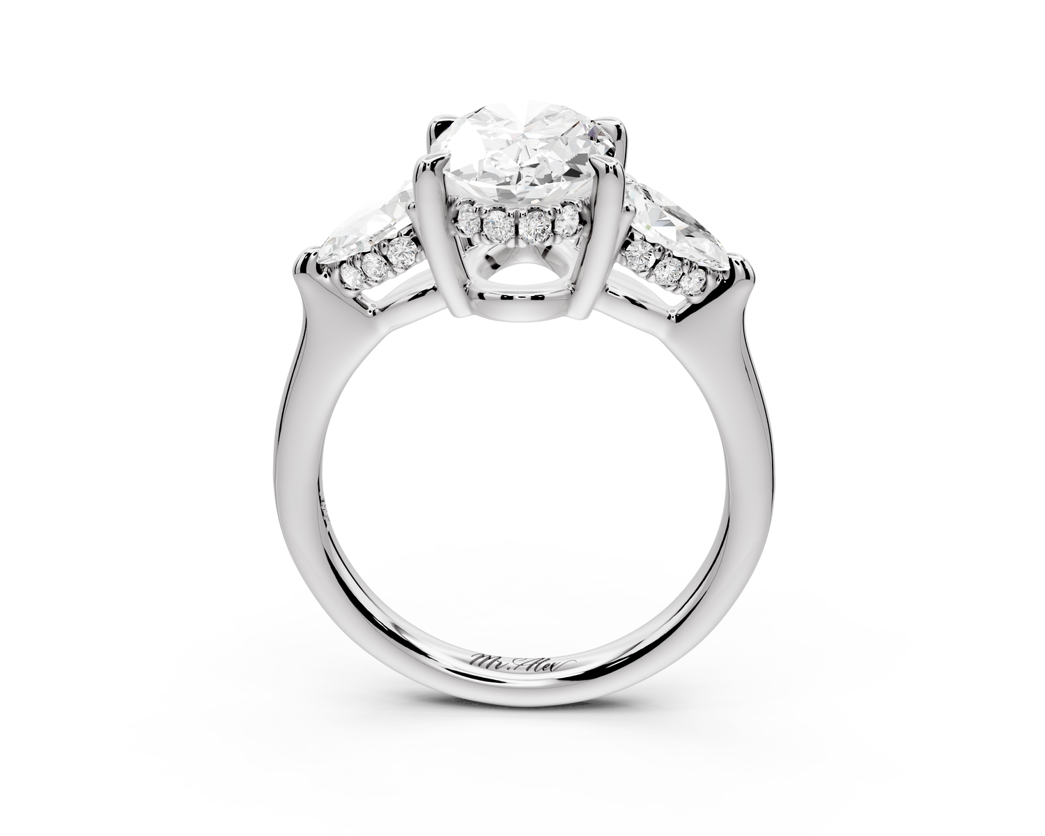 Stella - 2ct 14k white gold Three Stone oval with pears Hidden Halo Engagement Ring