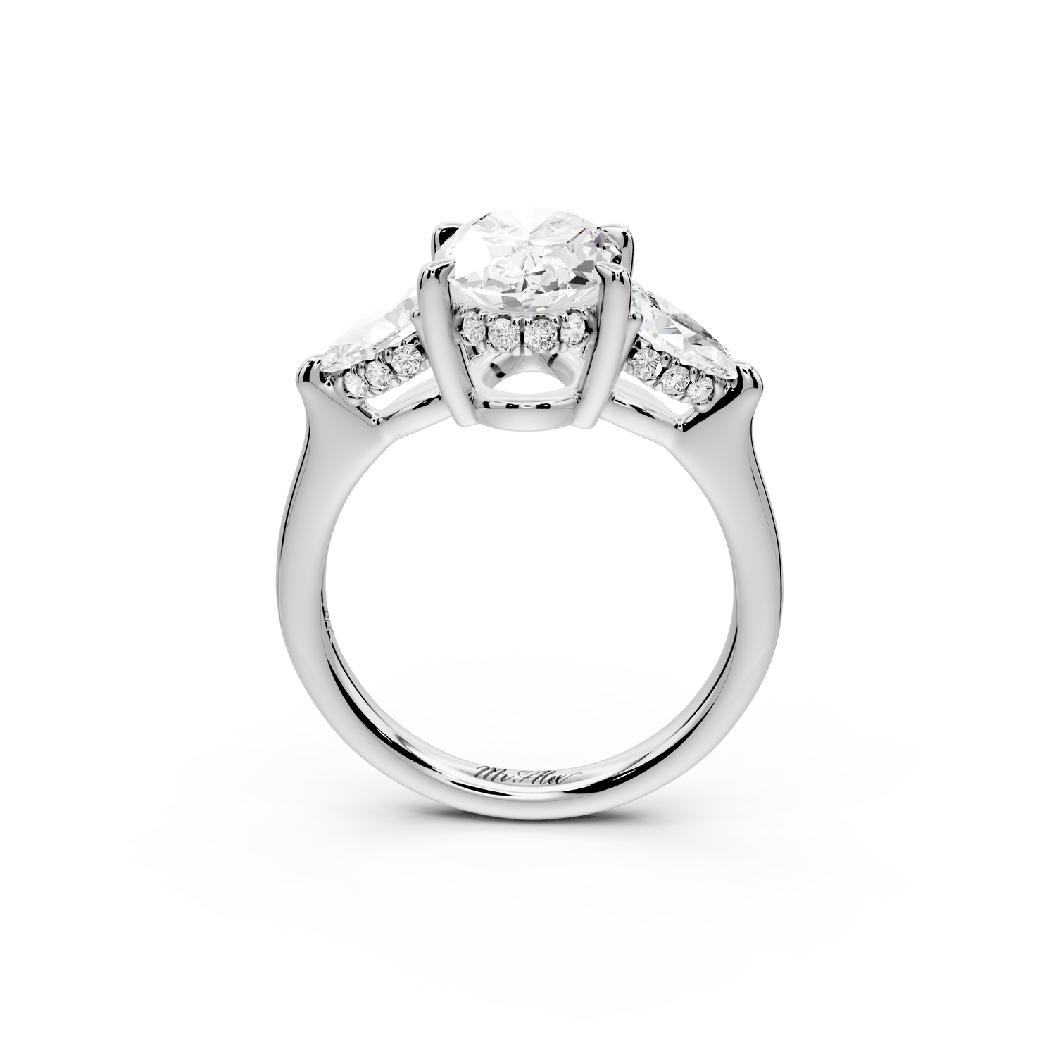 Stella - 2ct 14k white gold Three Stone oval with pears Hidden Halo Engagement Ring