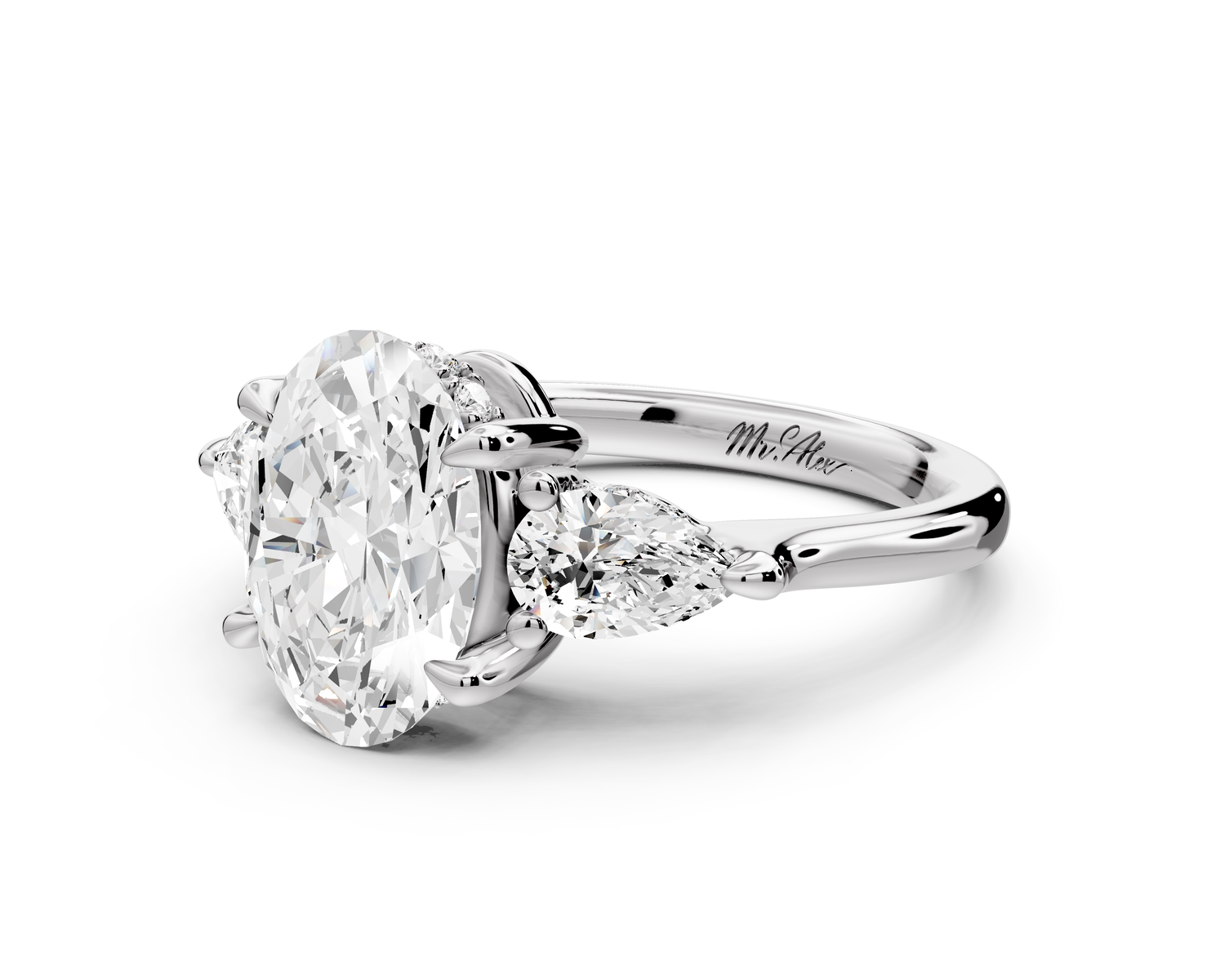 Stella - 2ct 14k white gold Three Stone oval with pears Hidden Halo Engagement Ring