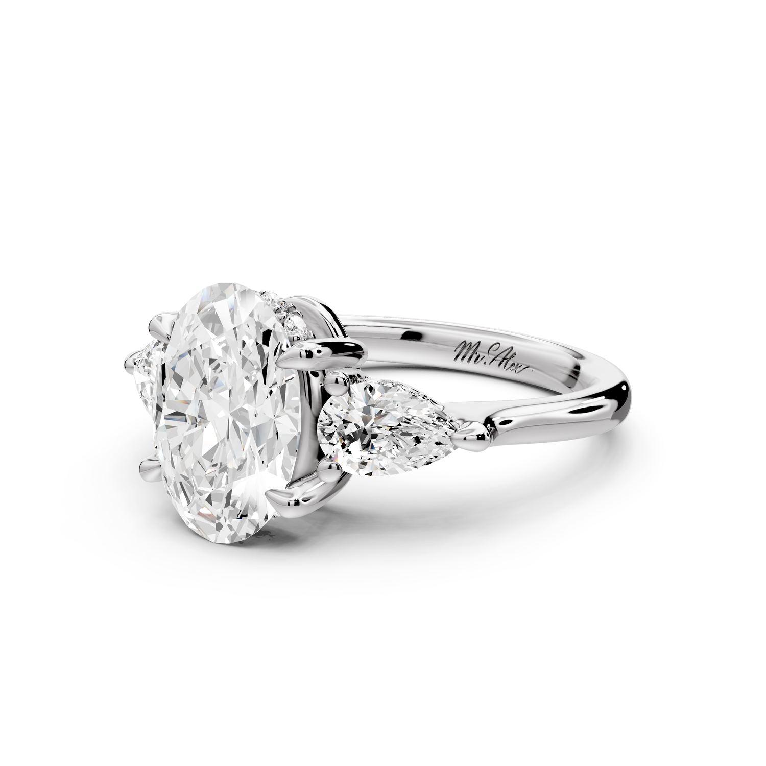 Stella - 2ct 14k white gold Three Stone oval with pears Hidden Halo Engagement Ring