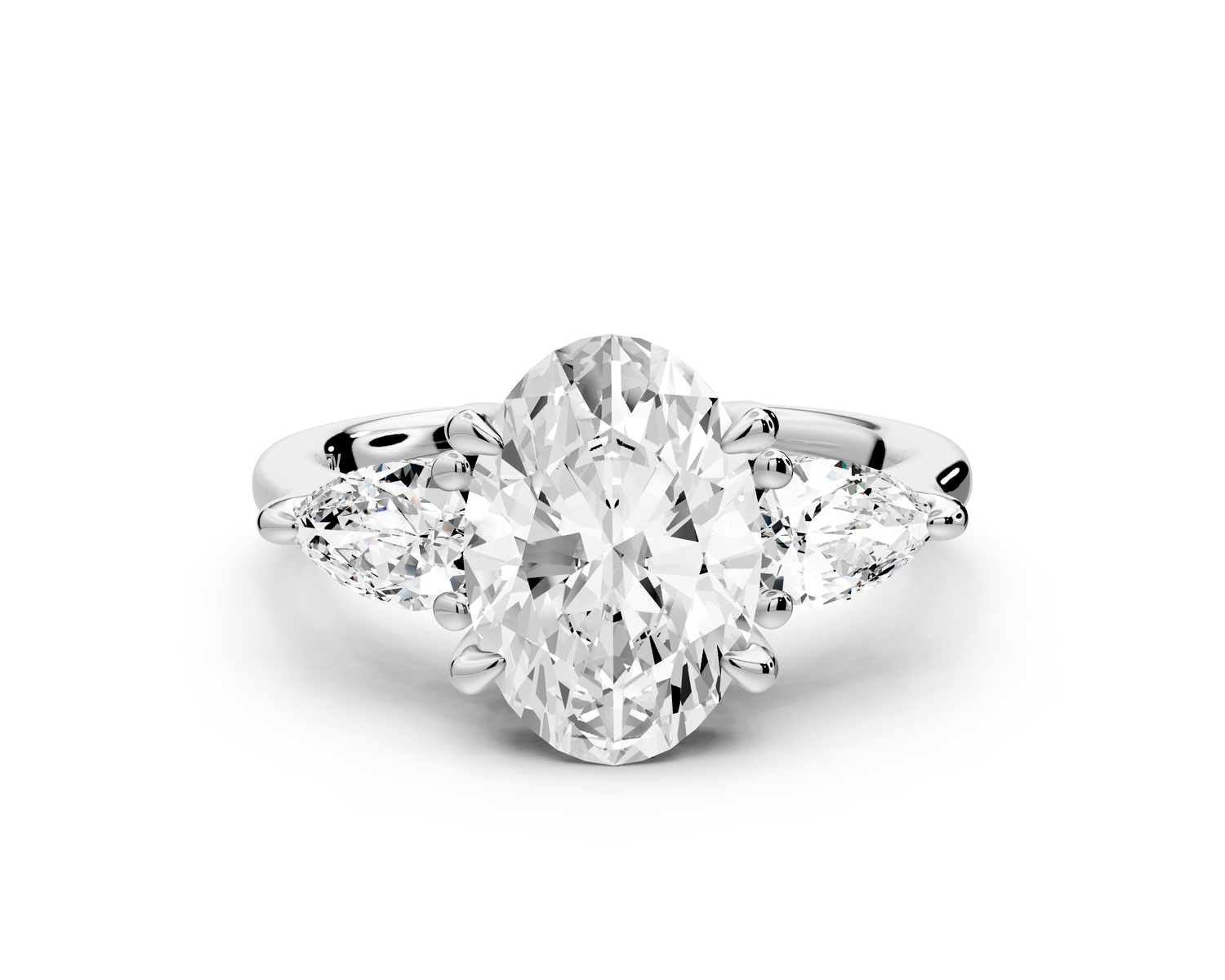 Stella - 2ct 14k white gold Three Stone oval with pears Hidden Halo Engagement Ring