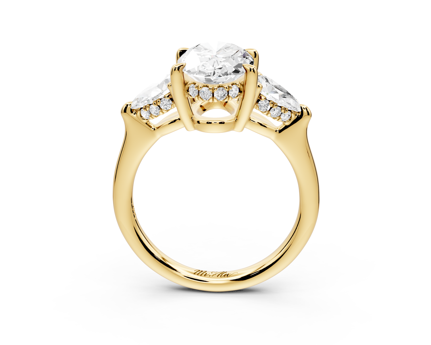 Stella - 2ct 14k yellow gold Three Stone oval with pears Hidden Halo Engagement Ring