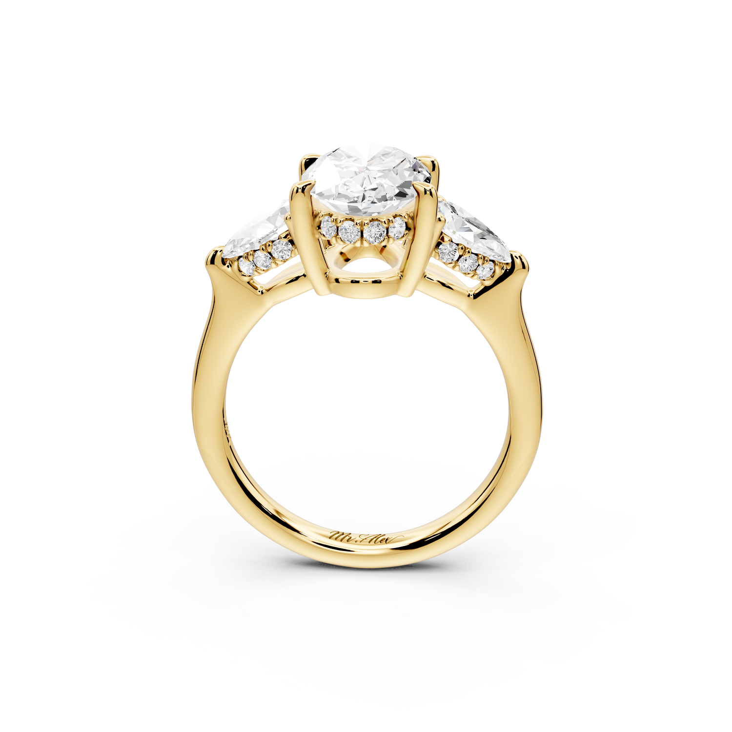 Stella - 2ct 14k yellow gold Three Stone oval with pears Hidden Halo Engagement Ring