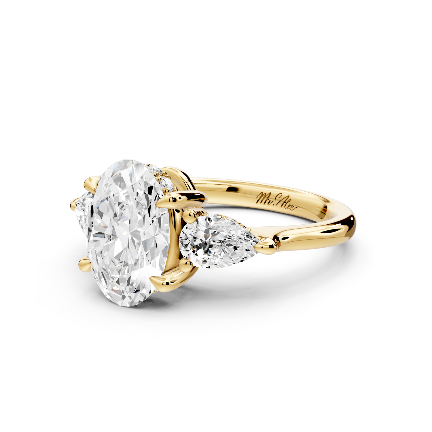 Stella - 2ct 14k yellow gold Three Stone oval with pears Hidden Halo Engagement Ring