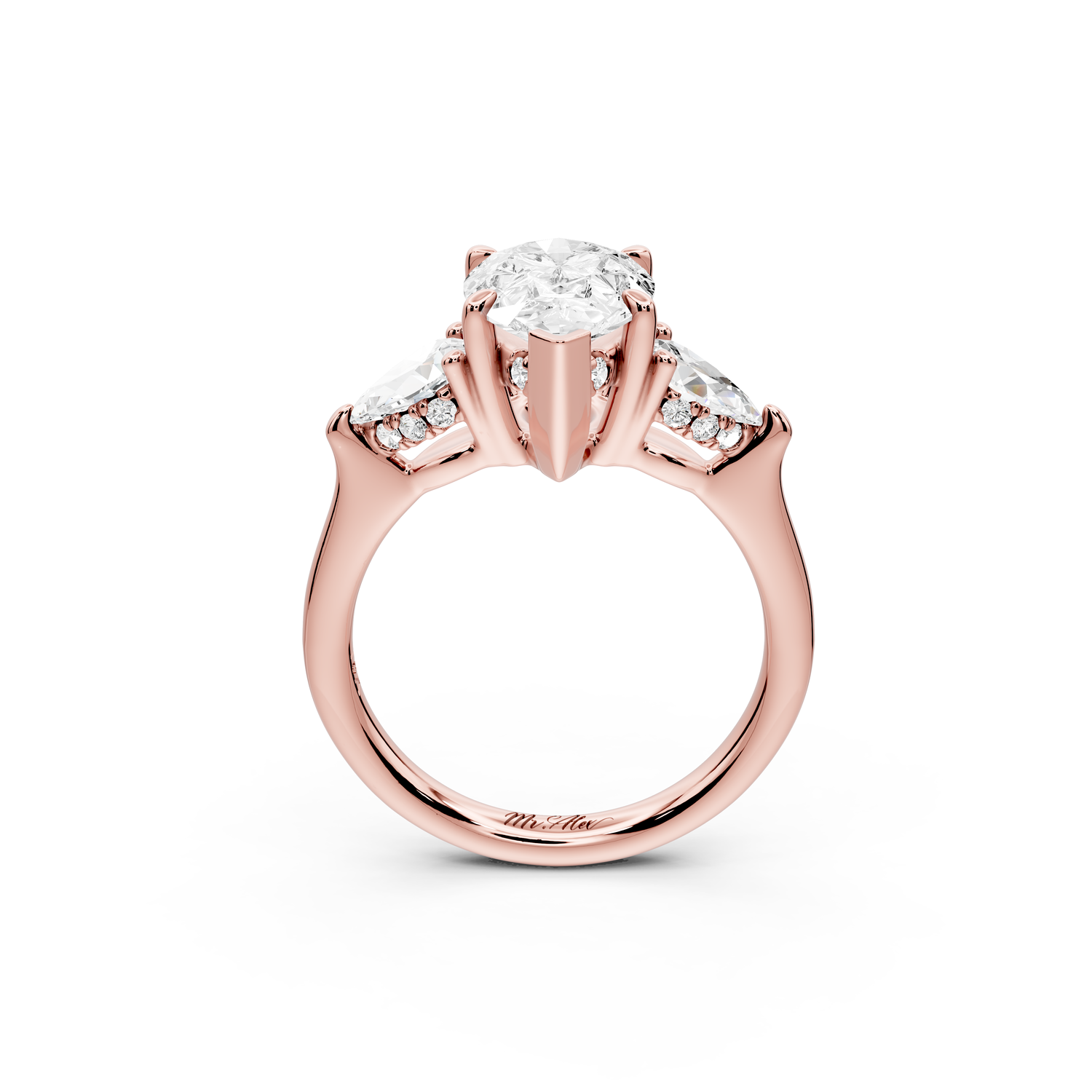 Stella - 2ct 14k rose gold Three Stone pear with pears Hidden Halo Engagement Ring