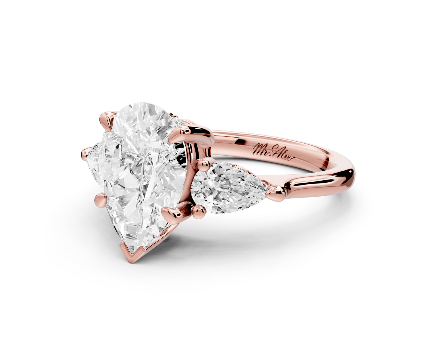 Stella - 2ct 14k rose gold Three Stone pear with pears Hidden Halo Engagement Ring