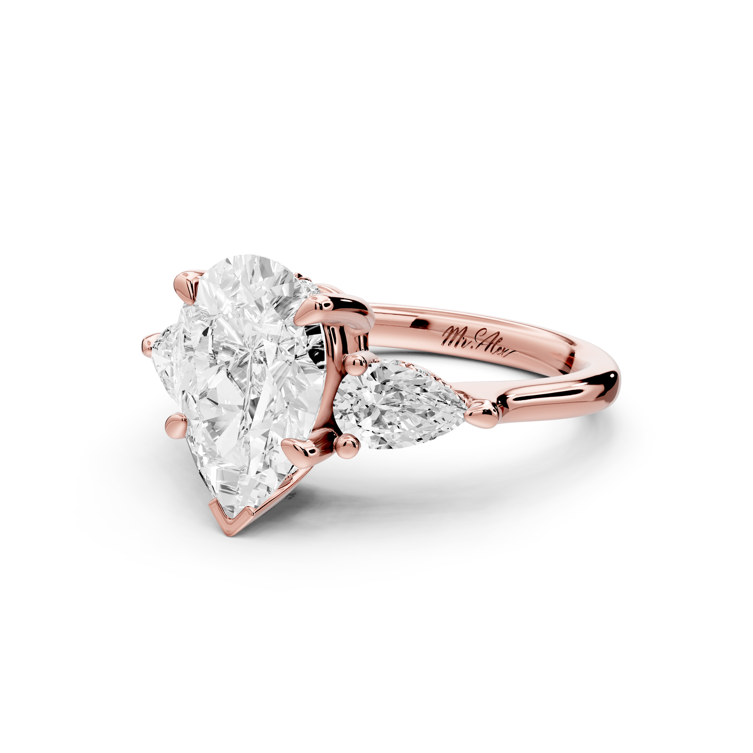 Stella - 2ct 14k rose gold Three Stone pear with pears Hidden Halo Engagement Ring
