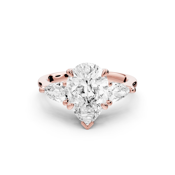 Stella - 2ct 14k rose gold Three Stone pear with pears Hidden Halo Engagement Ring