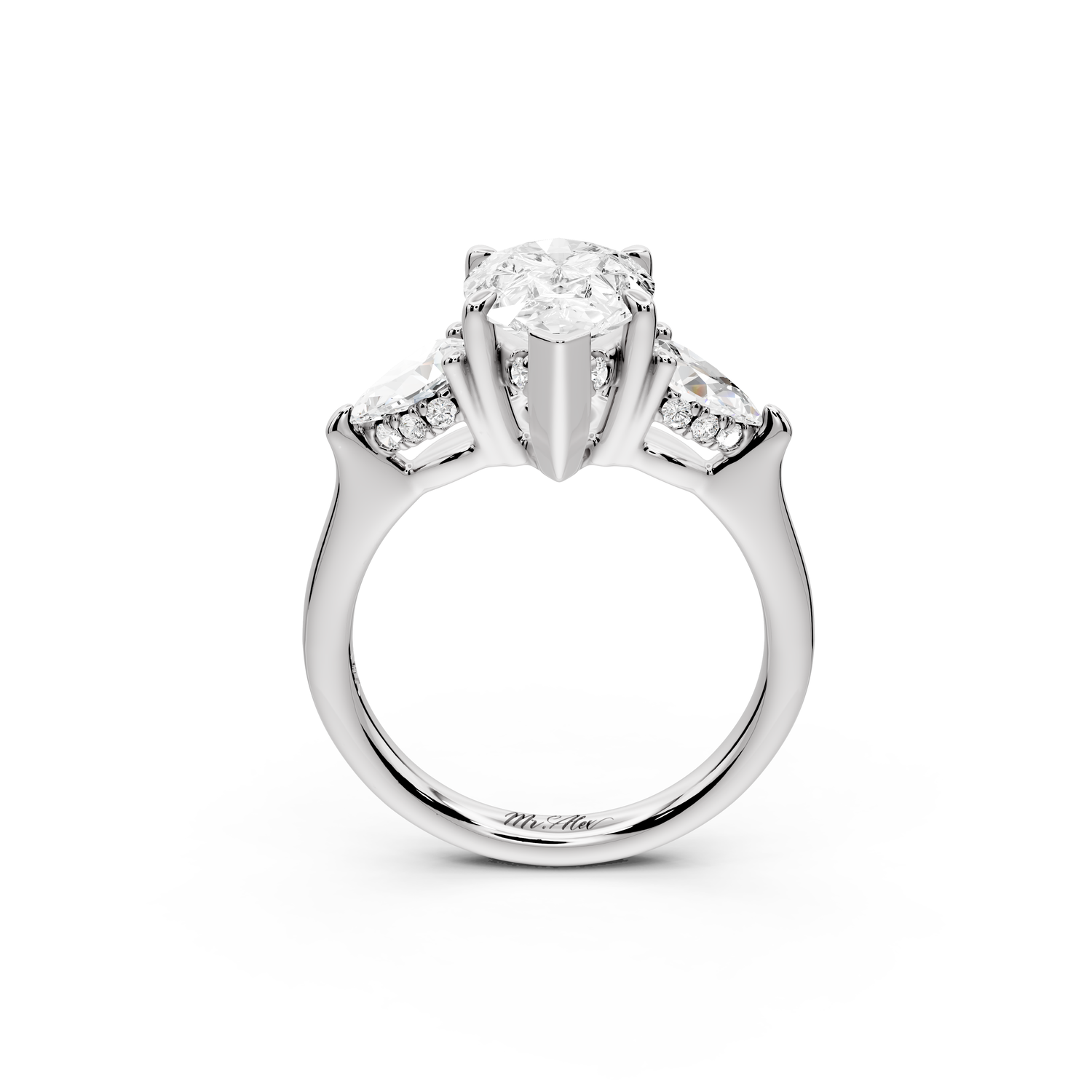 Stella - 2ct 14k white gold Three Stone pear with pears Hidden Halo Engagement Ring