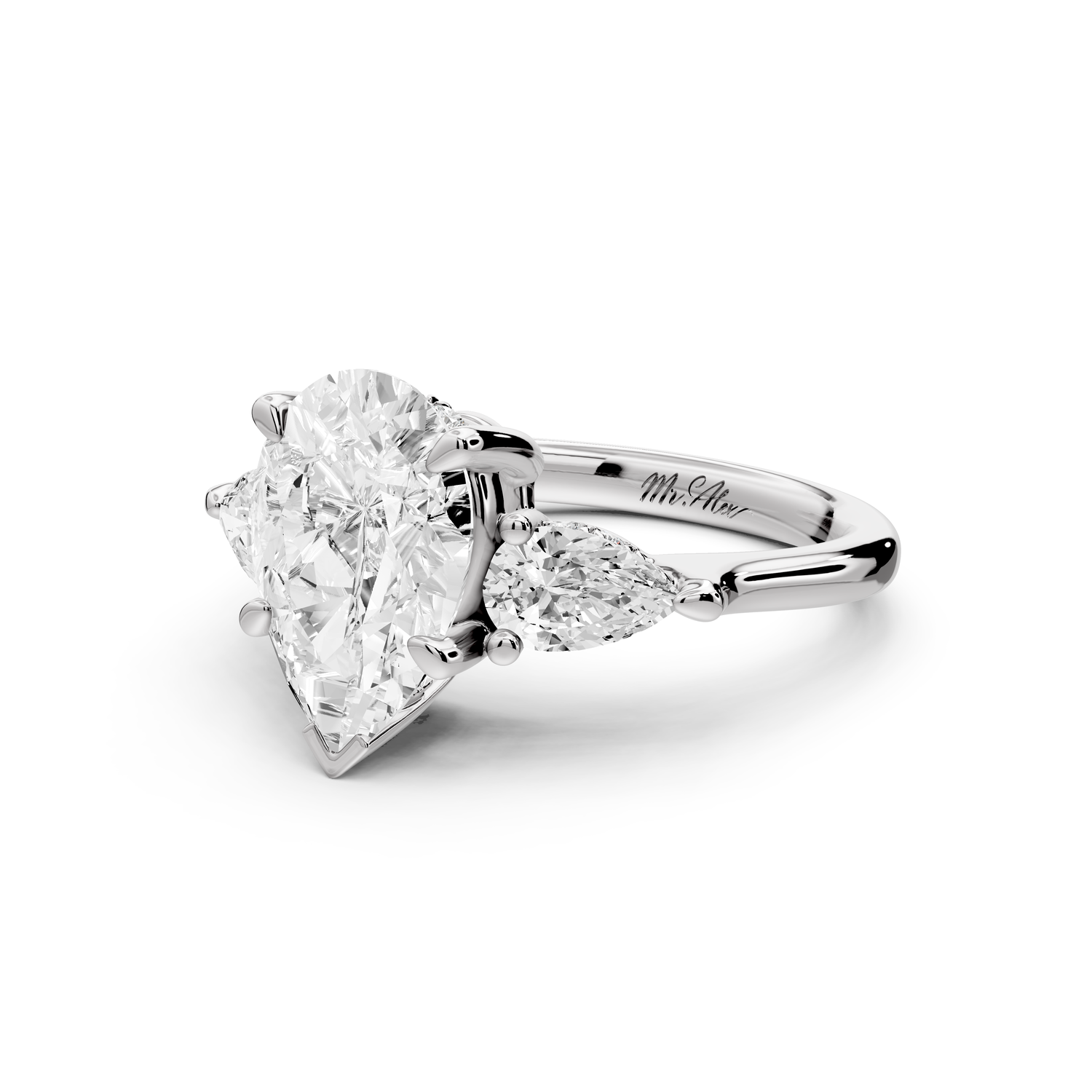 Stella - 2ct 14k white gold Three Stone pear with pears Hidden Halo Engagement Ring