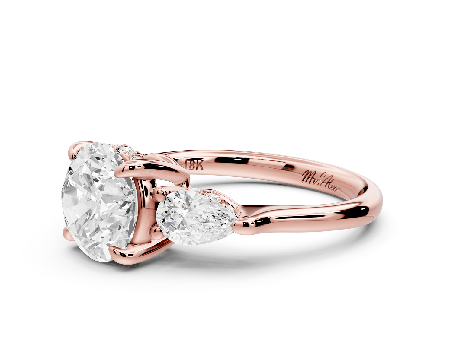 Stella - 2ct 14k rose gold Three Stone round with pears Hidden Halo Engagement Ring
