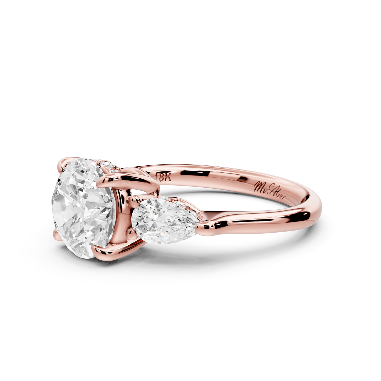 Stella - 2ct 14k rose gold Three Stone round with pears Hidden Halo Engagement Ring