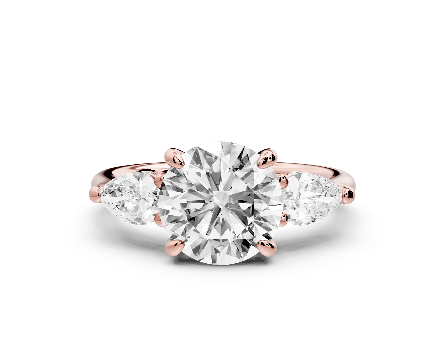 Stella - 2ct 14k rose gold Three Stone round with pears Hidden Halo Engagement Ring