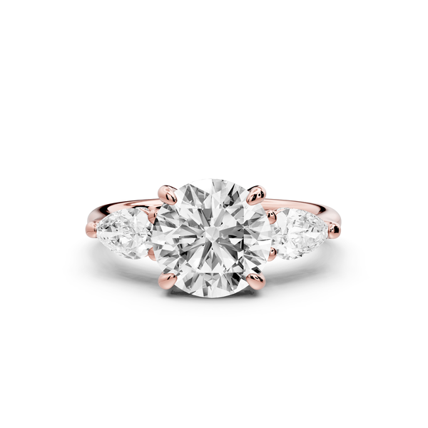 Stella - 2ct 14k rose gold Three Stone round with pears Hidden Halo Engagement Ring