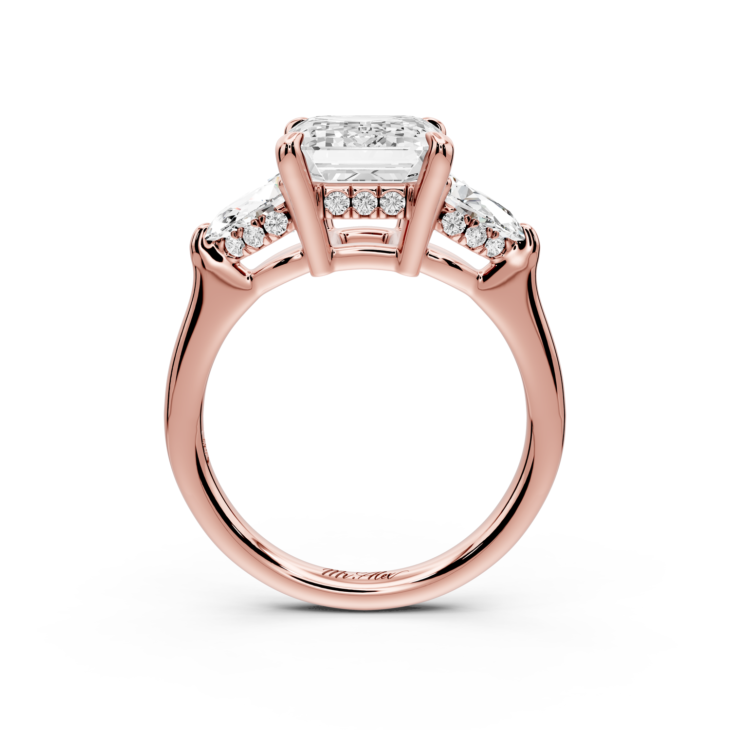 Stella - 3ct 14k rose gold Three Stone emerald with pears Hidden Halo Engagement Ring