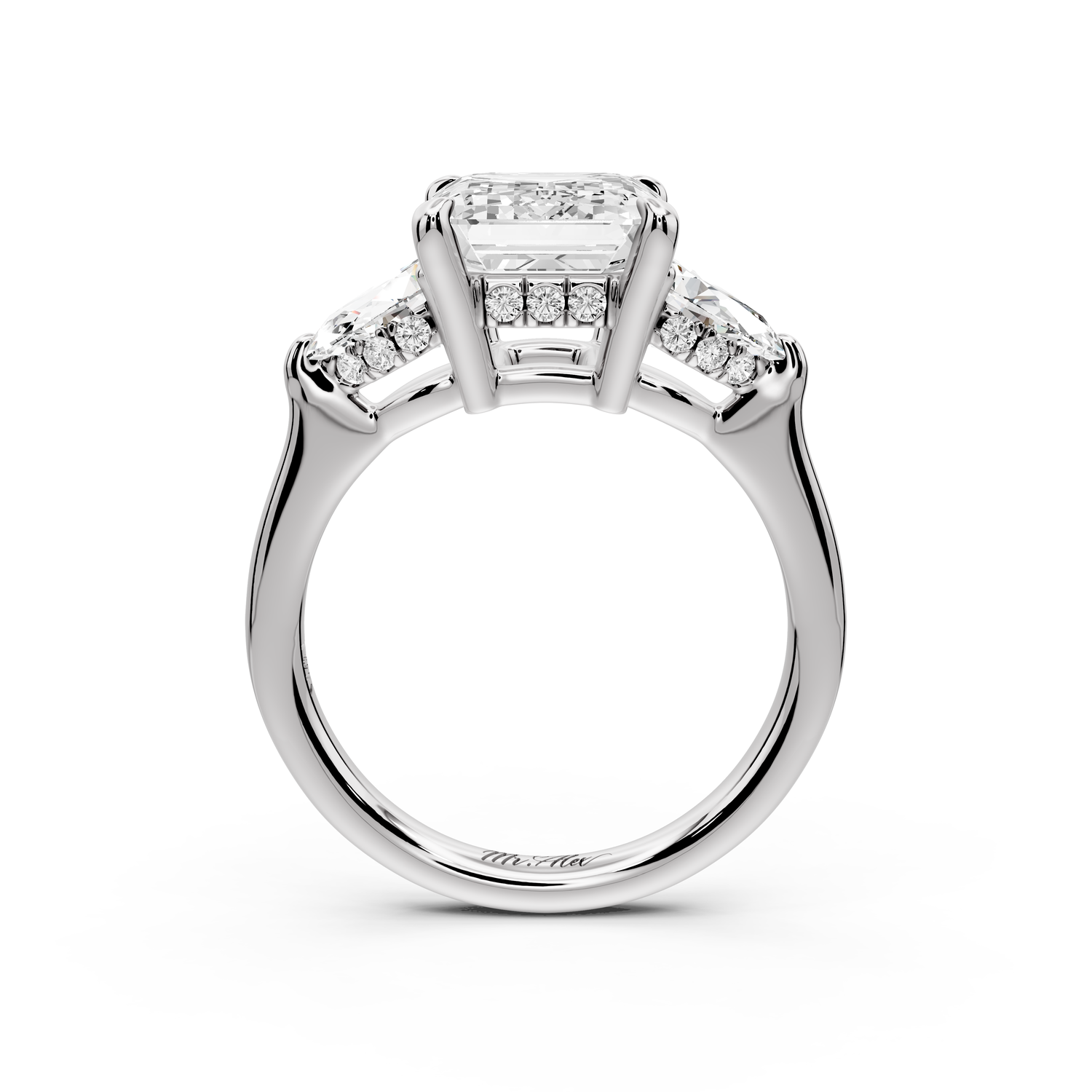 Stella - 3ct 14k white gold Three Stone emerald with pears Hidden Halo Engagement Ring