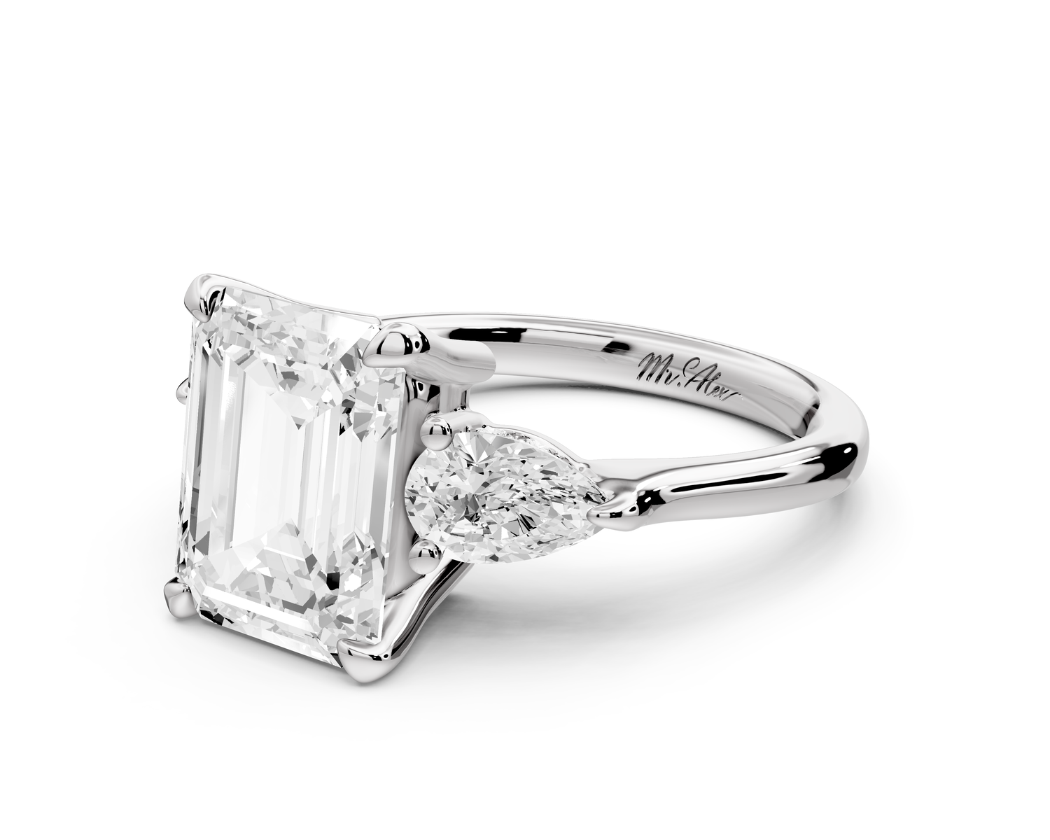 Stella - 3ct 14k white gold Three Stone emerald with pears Hidden Halo Engagement Ring