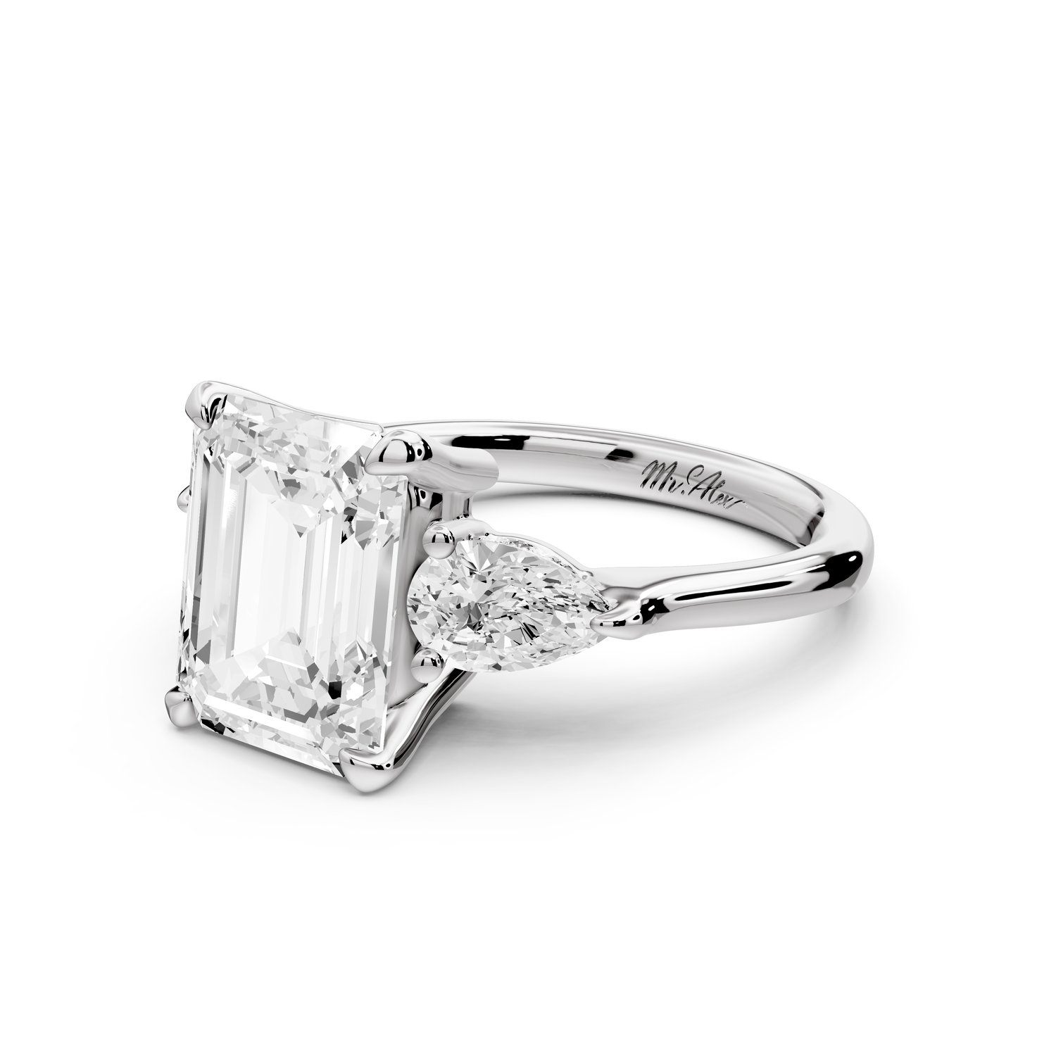 Stella - 3ct 14k white gold Three Stone emerald with pears Hidden Halo Engagement Ring