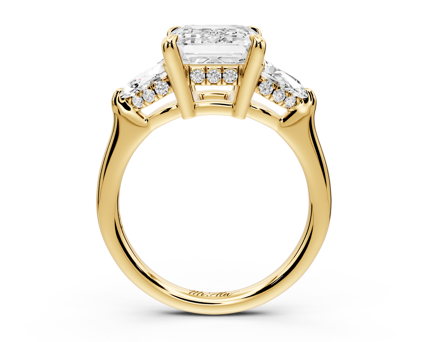 Stella - 3ct 14k yellow gold Three Stone emerald with pears Hidden Halo Engagement Ring