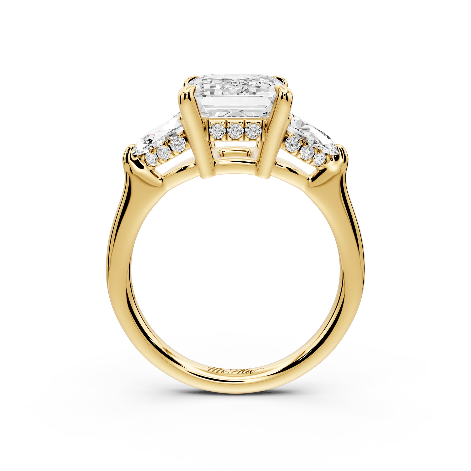 Stella - 3ct 14k yellow gold Three Stone emerald with pears Hidden Halo Engagement Ring