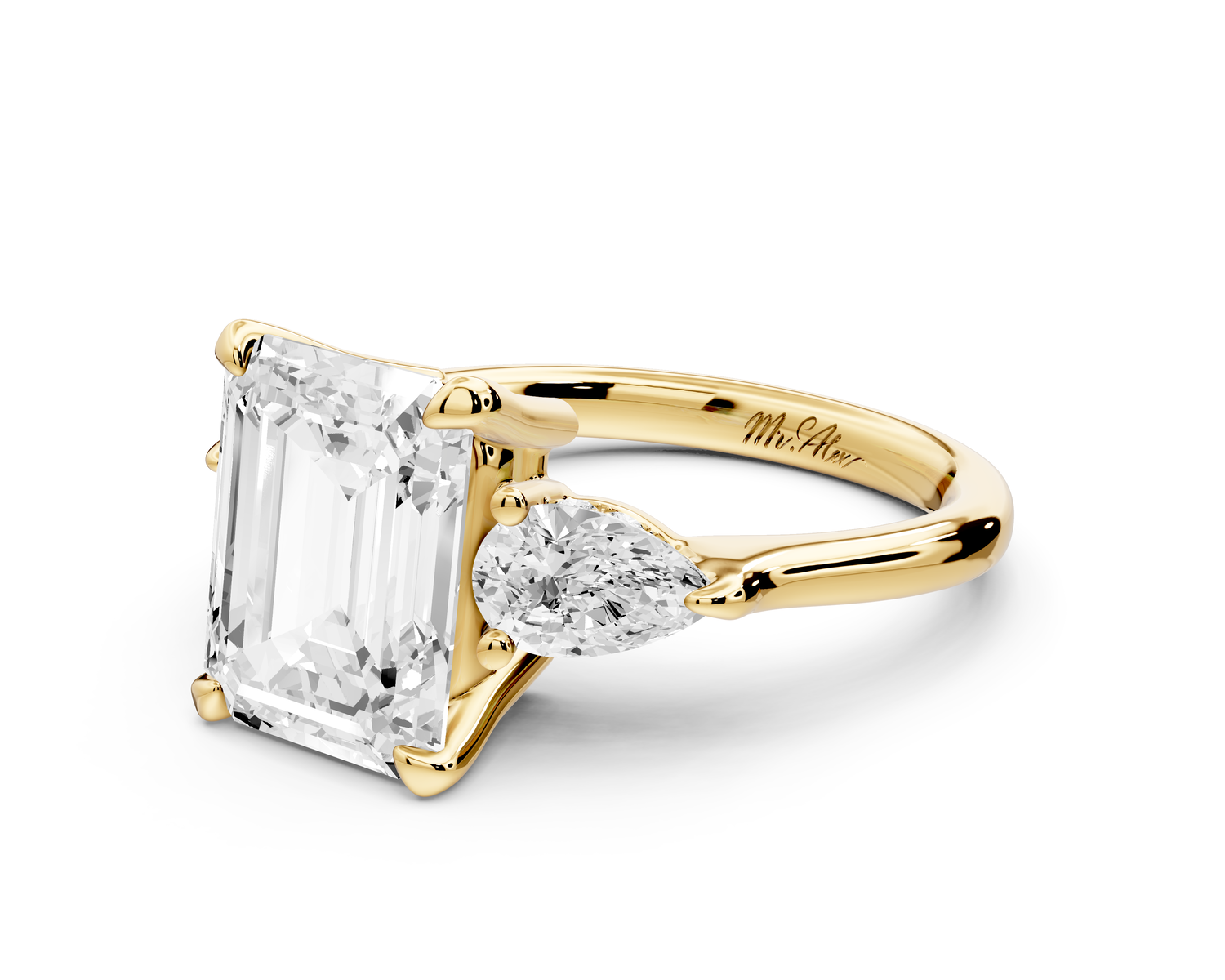 Stella - 3ct 14k yellow gold Three Stone emerald with pears Hidden Halo Engagement Ring