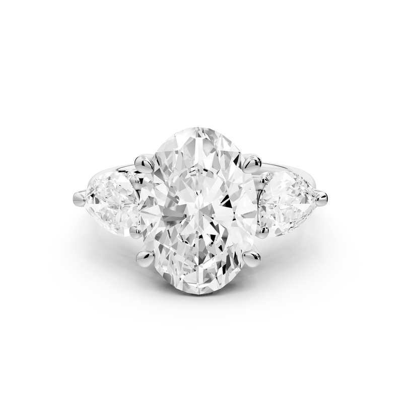 Stella - 3ct 14k white gold Three Stone oval with pears Hidden Halo Engagement Ring