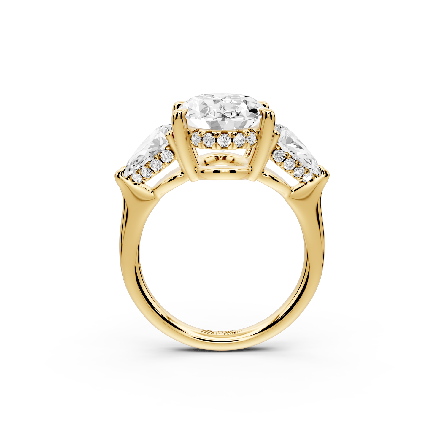 Stella - 3ct 14k yellow gold Three Stone oval with pears Hidden Halo Engagement Ring