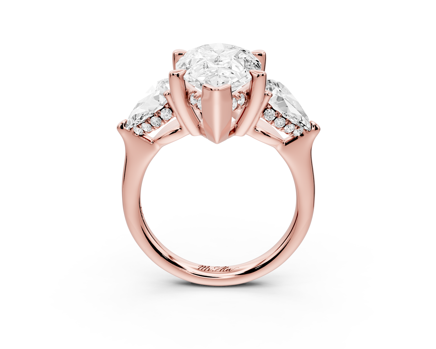 Stella - 3ct 14k rose gold Three Stone pear with pears Hidden Halo Engagement Ring
