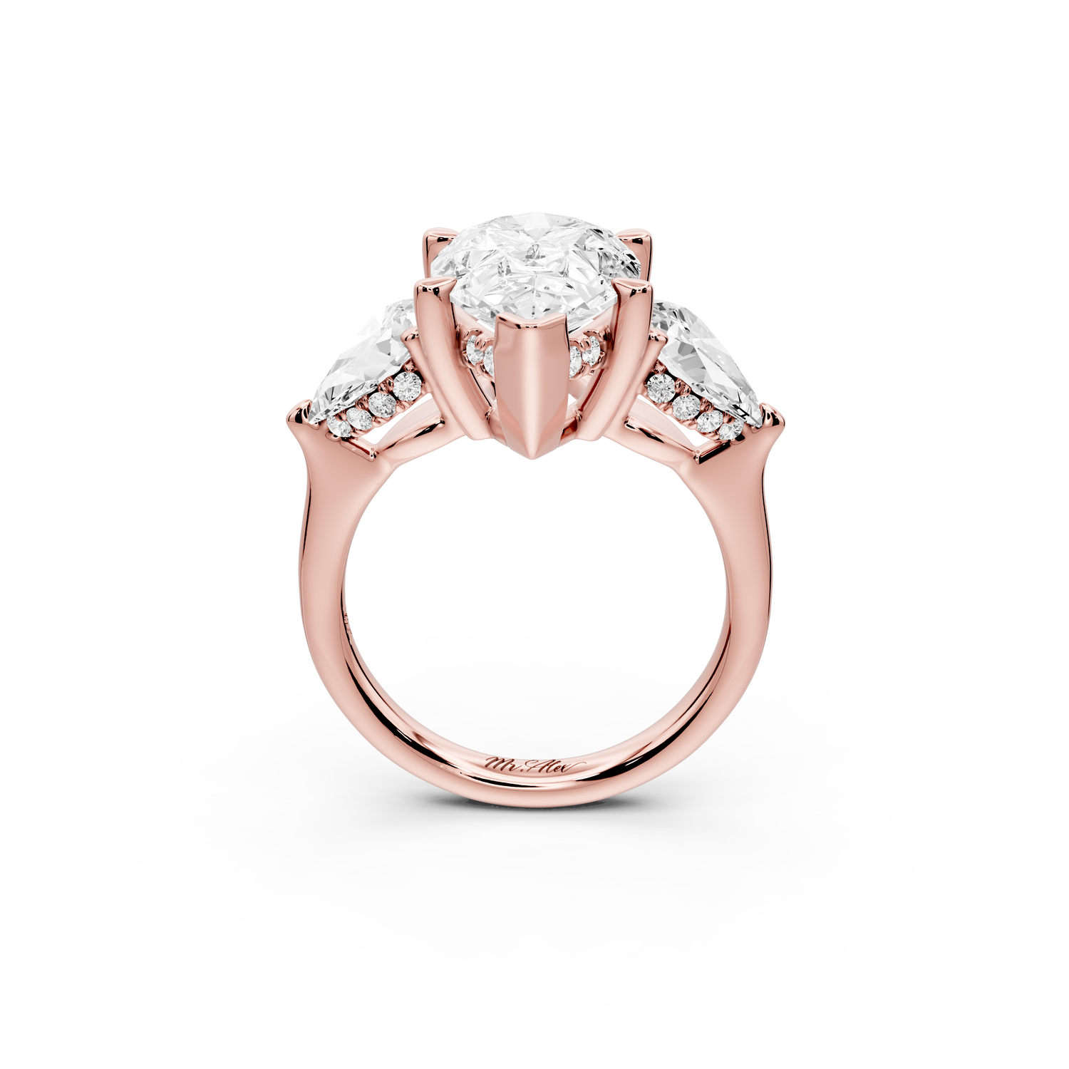 Stella - 3ct 14k rose gold Three Stone pear with pears Hidden Halo Engagement Ring