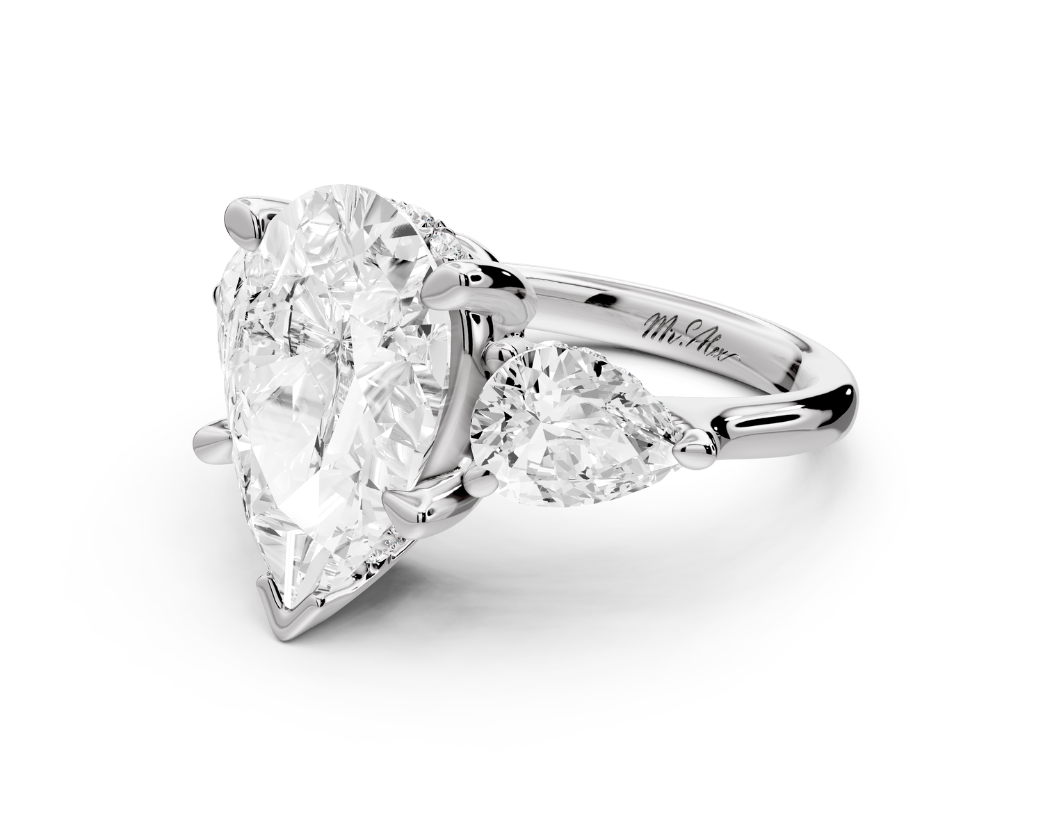 Stella - 3ct 14k white gold Three Stone pear with pears Hidden Halo Engagement Ring