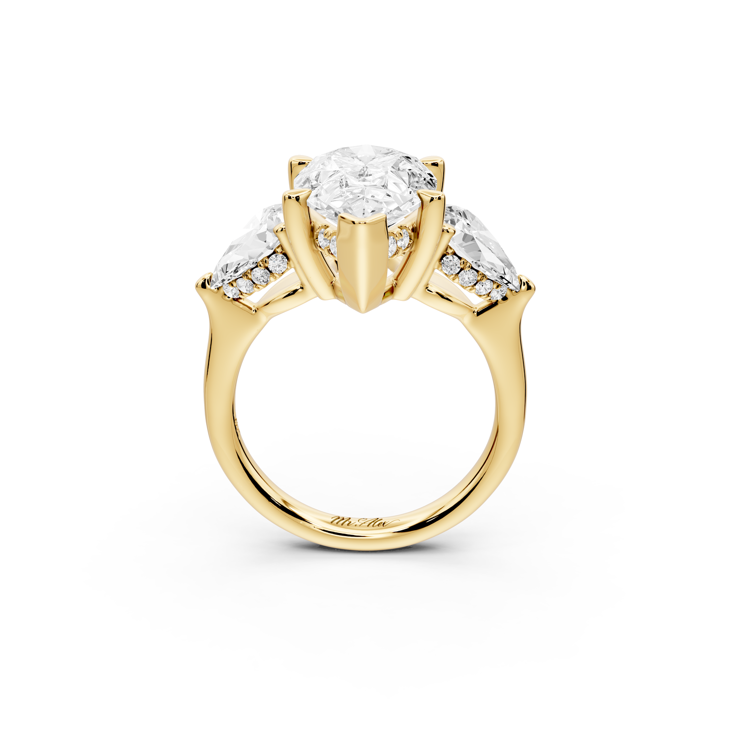 Stella - 3ct 14k yellow gold Three Stone pear with pears Hidden Halo Engagement Ring