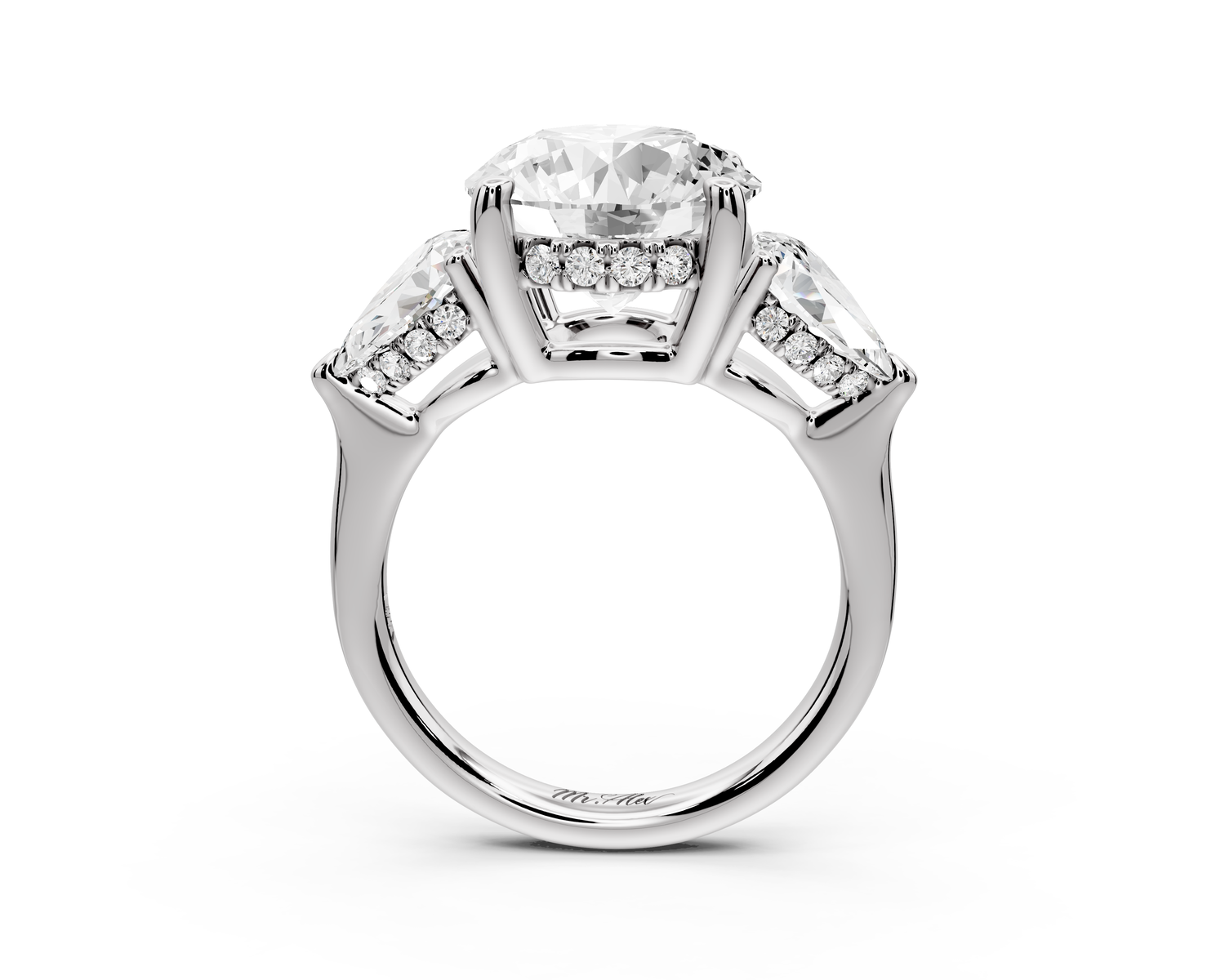 Stella - 3ct 14k white gold Three Stone round with pears Hidden Halo Engagement Ring
