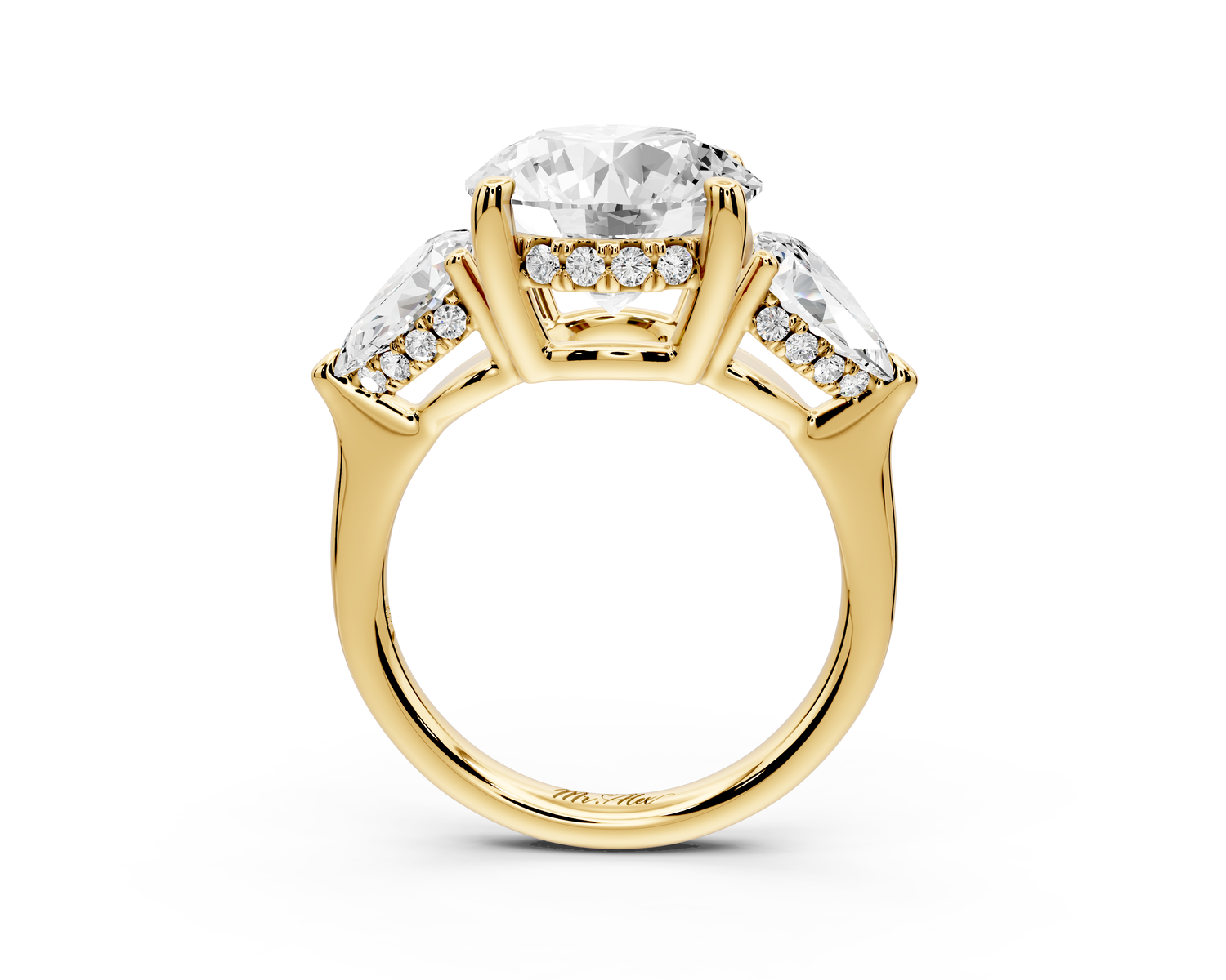 Stella - 3ct 14k yellow gold Three Stone round with pears Hidden Halo Engagement Ring