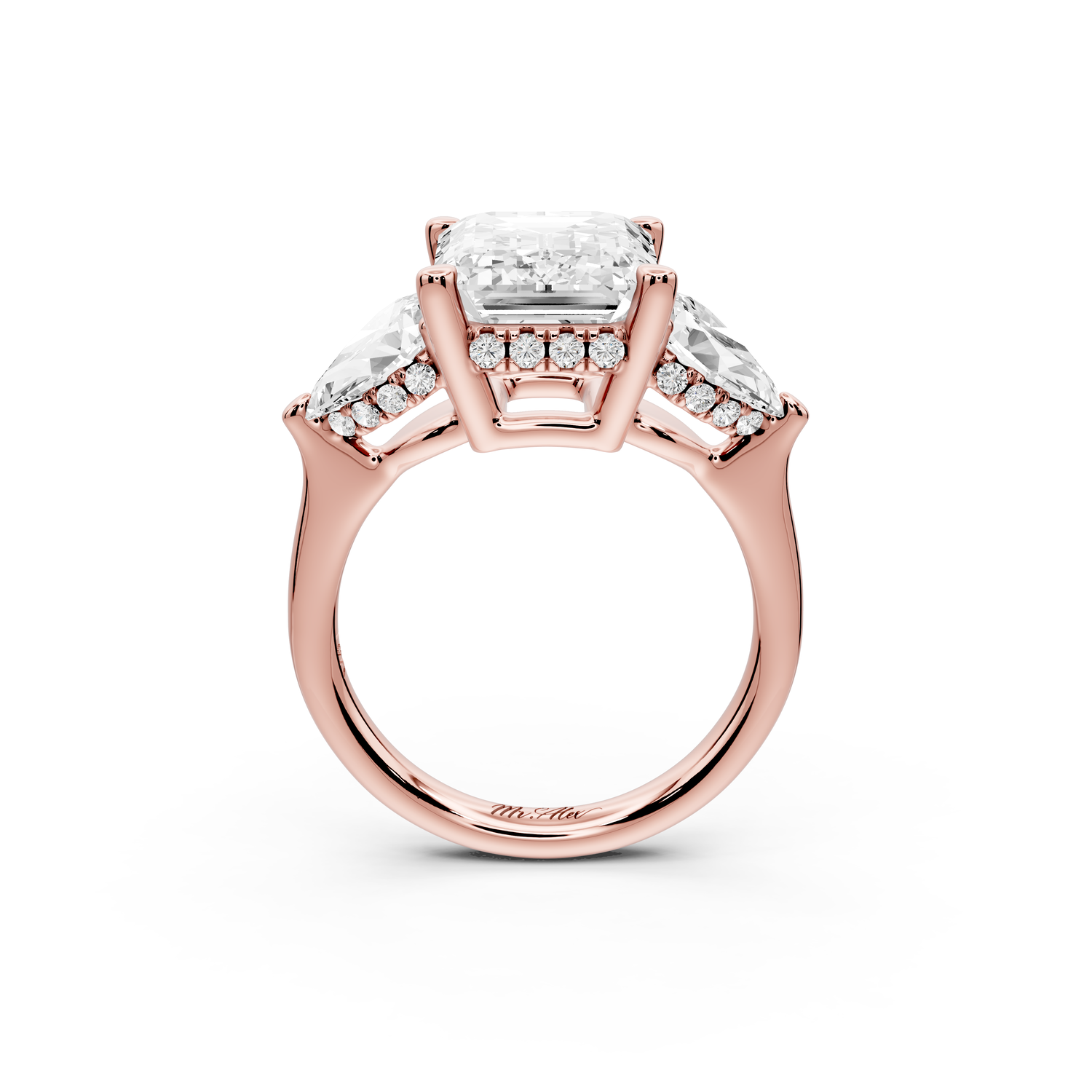 Stella - 4ct 14k rose gold Three Stone emerald with pears Hidden Halo Engagement Ring