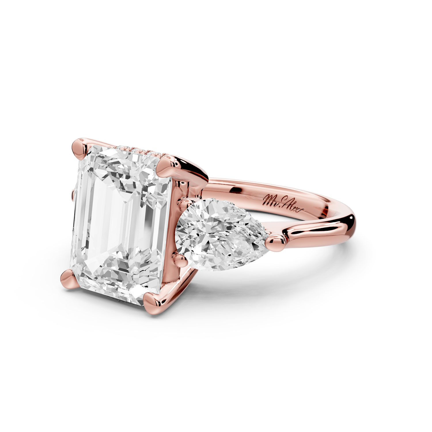 Stella - 4ct 14k rose gold Three Stone emerald with pears Hidden Halo Engagement Ring