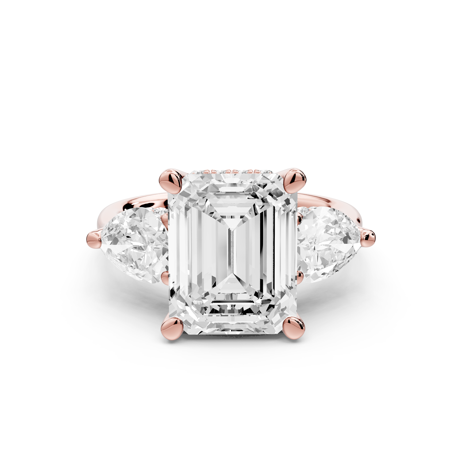 Stella - 4ct 14k rose gold Three Stone emerald with pears Hidden Halo Engagement Ring