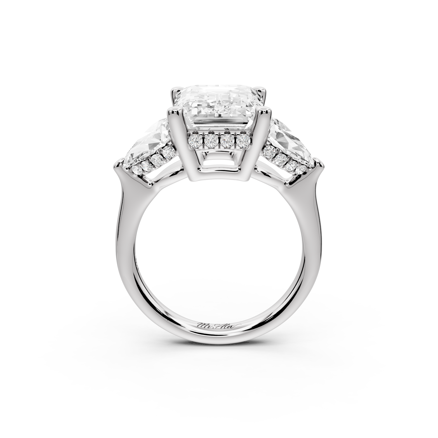 Stella - 4ct 14k white gold Three Stone emerald with pears Hidden Halo Engagement Ring